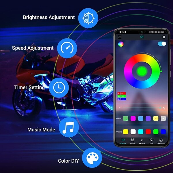 RGB Multi-Color LED Motorcycle Accent Strip Light Kit